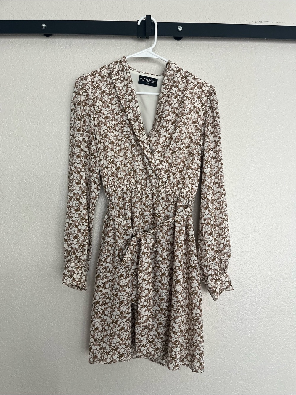 Kittenish Brown and Cream Floral Long Sleeve Wrap Dress